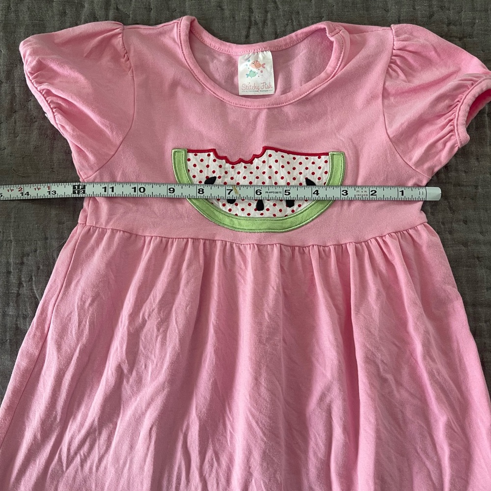 Stitchy Fish Melon Smiles Appliqué  Pink Watermelon Dress Size 6 Cotton Blend - Picture 8 of 10